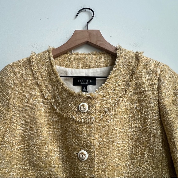 Talbots Grace Fit Collarless Gold Tweed Metallic Blazer Jacket Jackie O Fringe - Picture 4 of 15